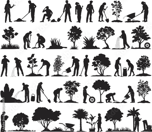 Gardening and landscaping workers silhouette collection vector illustration, people planting watering digging lawn care outdoor maintenance black and white set