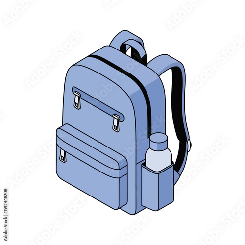 Blue Backpack with Water Bottle and Pockets.