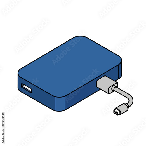 Blue portable power bank with USB cable connected for charging electronic devices.