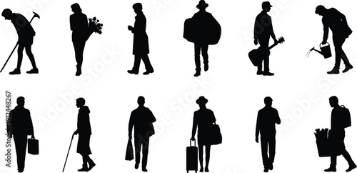 People walking silhouette collection vector illustration, diverse workers travelers musicians gardeners elderly isolated black and white character set
