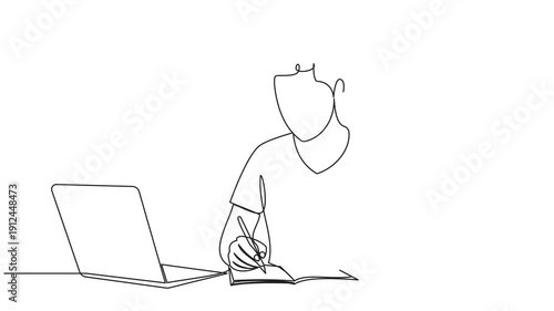Animation of one line drawing of pensive businessman sitting, watching laptop screen to analyze data company. Business analysis writing concept continuous line self draw animated. Full length motion
