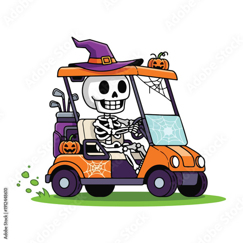 A skeleton drives an orange golf cart with Halloween decorations