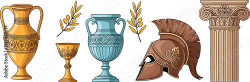 Ancient Greek symbols and artifacts vector illustration set featuring amphora pottery, warrior helmet, olive branches and classical ionic column elements