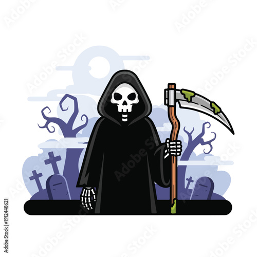 A skeleton in a black hooded cloak holding a scythe