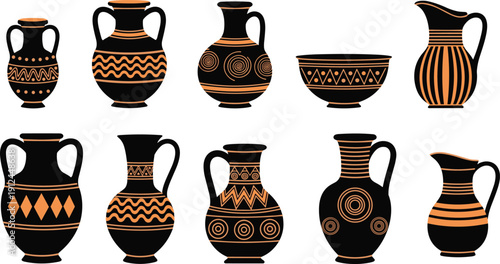 Ancient Greek pottery silhouette illustration set featuring black and orange ceramic vases, amphora and bowls with traditional geometric patterns isolated on white background