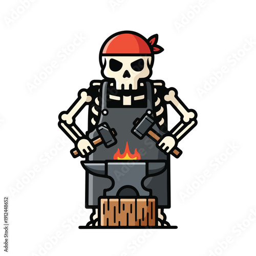 A skeleton in a red bandana working at an anvil