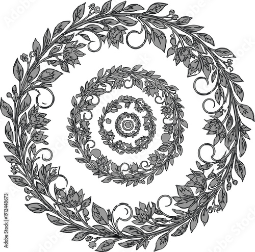 described features a series of concentric floral wreaths that create a captivating visual effect. Each wreath is intricately designed with a variety of foliage and flowers, showcasing detailed pattern