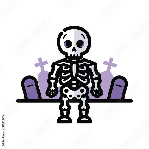 A skeleton stands in a spooky graveyard