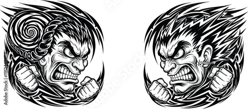 Angry warrior face illustration set featuring aggressive screaming characters with clenched fists, tribal tattoo style black and white vector art isolated on white background
