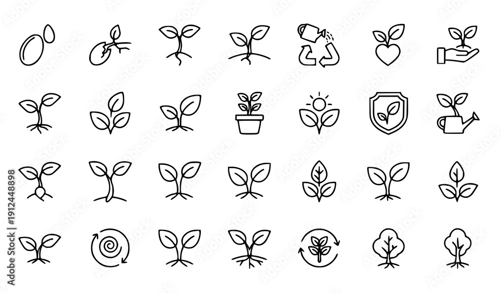 Obraz premium Minimal sprout outline icon set vector with plant growth eco sustainability symbols for UI and app design