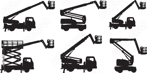 Black Solid Aerial Work Platform Truck Silhouettes Set of Six on White Background