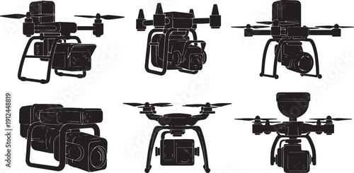 Black Solid Aerial Thermography Camera Silhouettes Set of Six on White Background