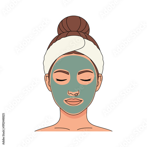 Pixel art woman with green clay mask and white headband closed eyes serene expression isolated