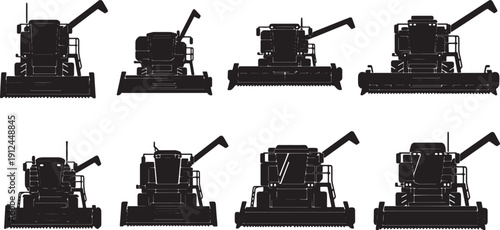 Black Solid Different Types of Agricultural Harvester Silhouettes Set of Six on White Background