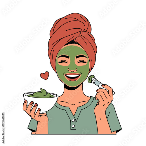 Woman Applying Green Face Mask With Joyful Expression On White Background