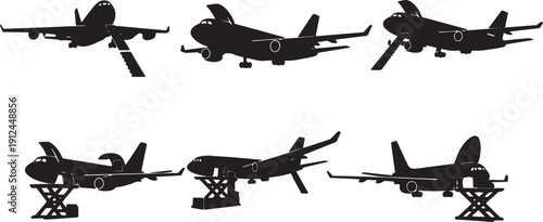 Black Solid Air Cargo Planes Loading Silhouettes Set of Six on White Background