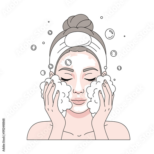 Woman washing face with cleansing foam and bubbles on white background