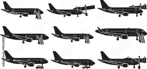 Black Solid Airliners at the Gate Silhouettes Set of Six on White Background