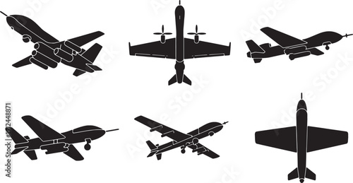 Black Solid Air-Launched Drones and Missiles Silhouettes Set of Six on White Background
