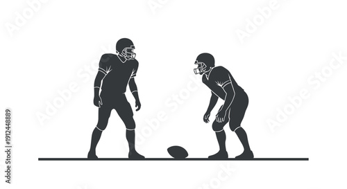 Two Football Players Silhouettes Facing Each Other With Football on Ground White Background
