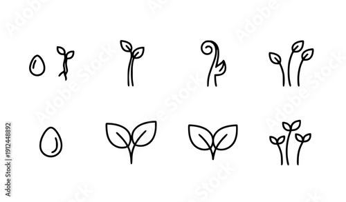 Minimal sprout thin line icons vector set with plant growth eco and seedling outline symbols for UI design