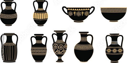 Black and gold ancient Greek pottery vector set featuring classical amphora and kylix vases with traditional geometric ornament patterns