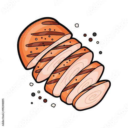 A sliced chicken breast with seasonings