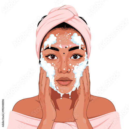 Woman Cleansing Face with Foam Pink Headband and Towel Skin Care Routine