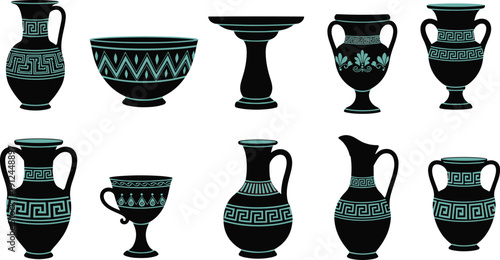 Black ancient Greek pottery vector illustration set featuring classical ceramic vases, bowls and cups with traditional turquoise geometric ornament patterns