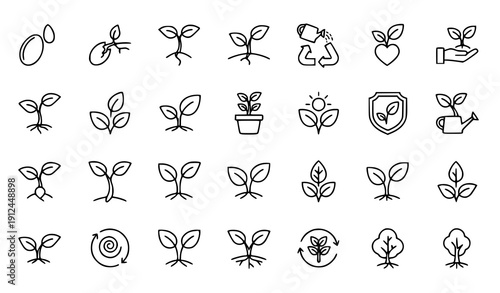 Minimal sprout outline icon set vector with plant growth eco sustainability symbols for UI and app design