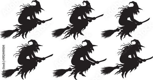 Black Solid Ancient Witch Flight Silhouettes Set of Six on White Background