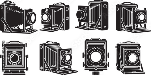 Black Solid Antique Bellows Camera Silhouettes Set of Six on White Background