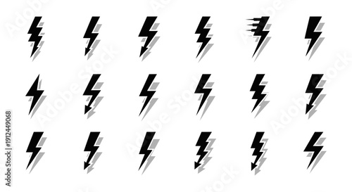 black lightning bolt icon set with shadows symbolizing electric power speed and hazard useful for warnings energy and digital apps.