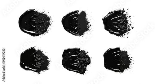 black liquid and charcoal texture isolated on white illustrating cosmetic ingredient blend for skincare product design.