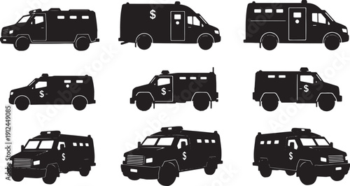 Black Solid Armored Security Vehicle Silhouettes Set of Six on White Background