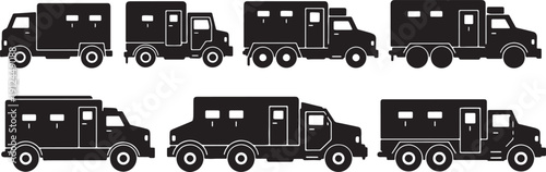 Black Solid Armored Truck Silhouettes Set of Six on White Background