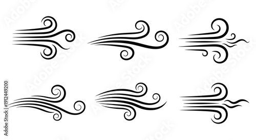 black vector wind icons depicting dynamic air flow breeze and movement ideal for weather environment and motion graphics.