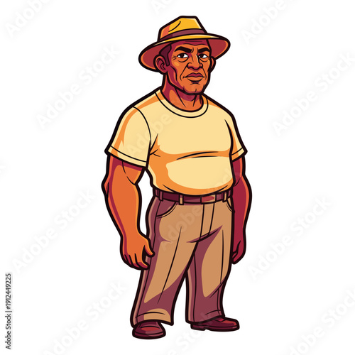 Middle aged man with light yellow t shirt and tan pants wearing a fedora hat outdoor