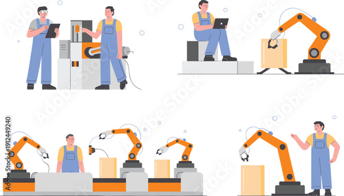 Industrial workers operating robotic arm automation system in smart factory production line with advanced manufacturing technology illustration