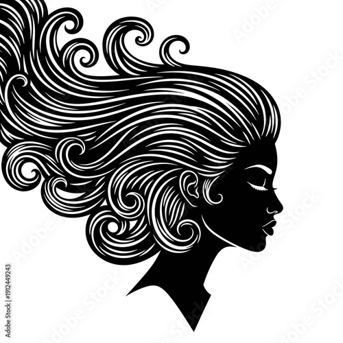 Silhouette Portrait of Woman with Flowing Black Hair on White Background