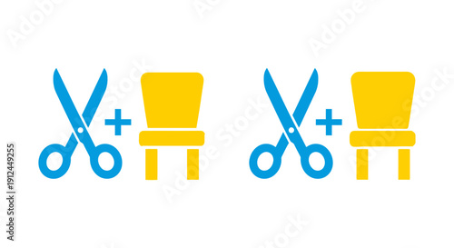 blue scissors and yellow chair icons with a plus sign representing concepts of cutting tailoring and combining elements.