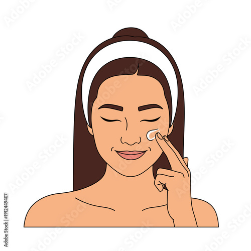 Woman Applying Face Cream With Finger White Background Clean Skin Routine