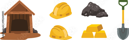 Mining industry illustration with mine entrance safety helmets coal gold bars and shovel equipment flat vector set