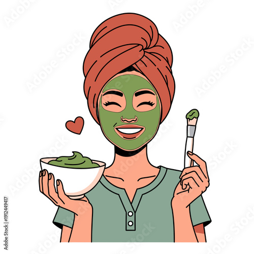 Woman with Green Face Mask and Turban Enjoying Skincare Routine