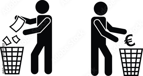 Business expense icon illustration showing document disposal and money loss concept, financial waste and budget management symbols isolated on white background