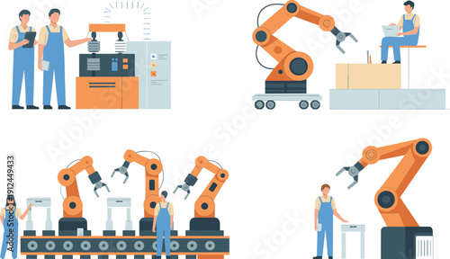 Modern industrial automation factory with robotic arms, engineers operating machinery and conveyor assembly line flat vector illustration concept