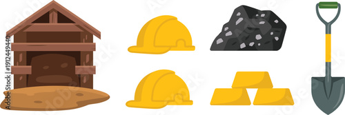 Mining industry equipment set with mine entrance helmets coal gold bars and shovel flat vector illustration