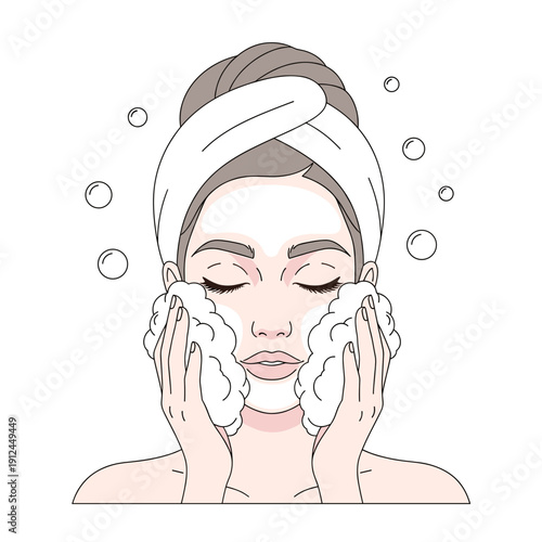 Woman washing her face with cleansing foam and bubbles on white background