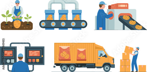 Potato chips production line from farming and processing to packaging, quality control and snack distribution vector illustration