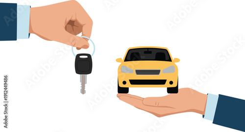 Car key handover illustration showing automobile purchase rental or leasing agreement symbolizing vehicle ownership transfer and dealership service concept